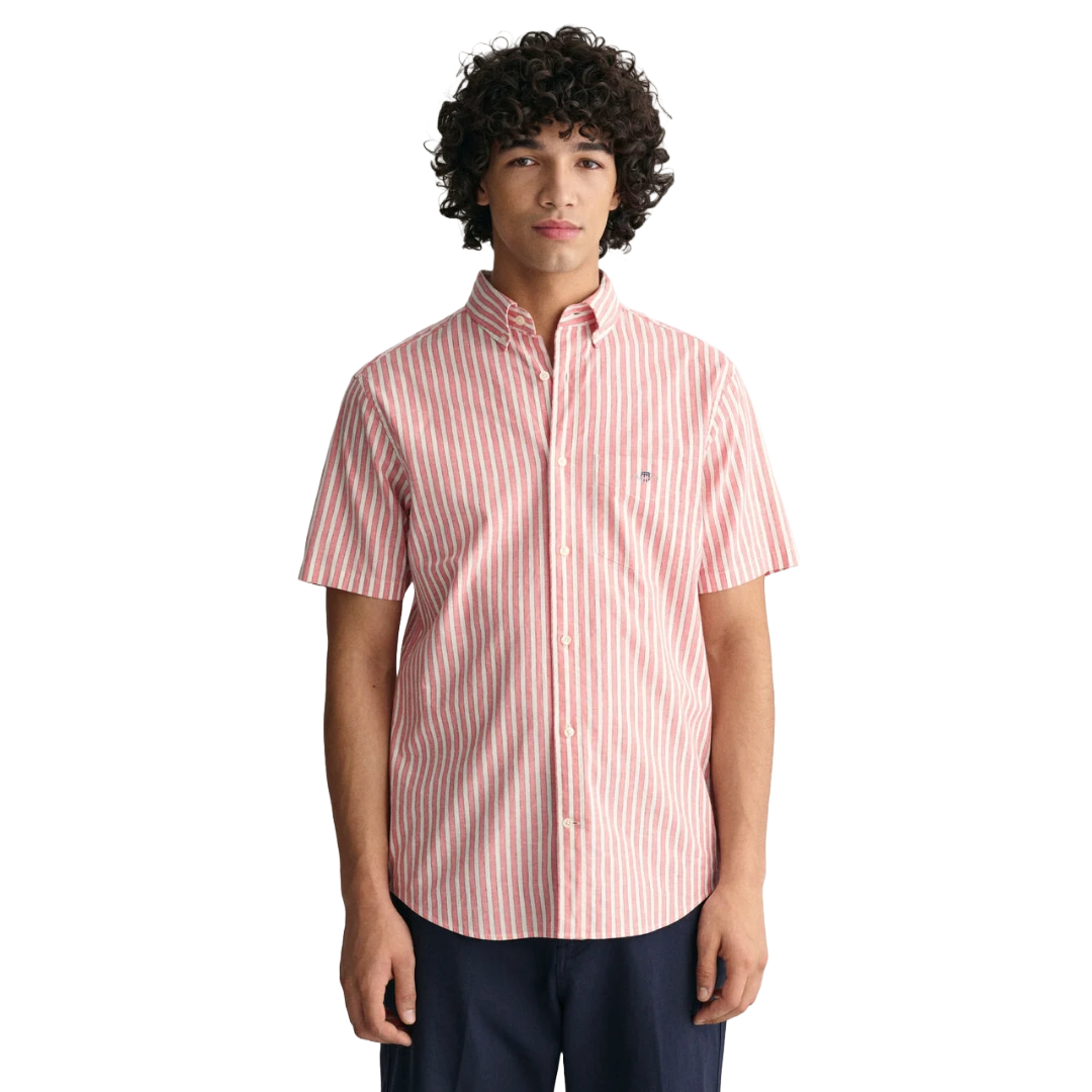 Gant Striped Cotton Linen Short Sleeve Shirt - Pink