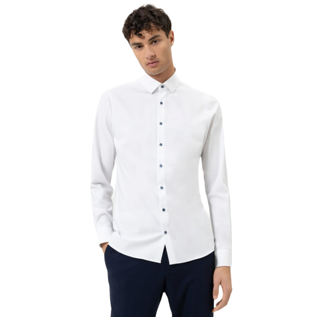 Olymp Level 5 24/7 Slim Fit Flex Jersey Shirt - White with Blue Buttons