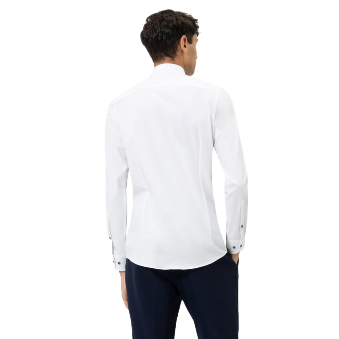 Olymp Level 5 24/7 Slim Fit Flex Jersey Shirt - White with Blue Buttons