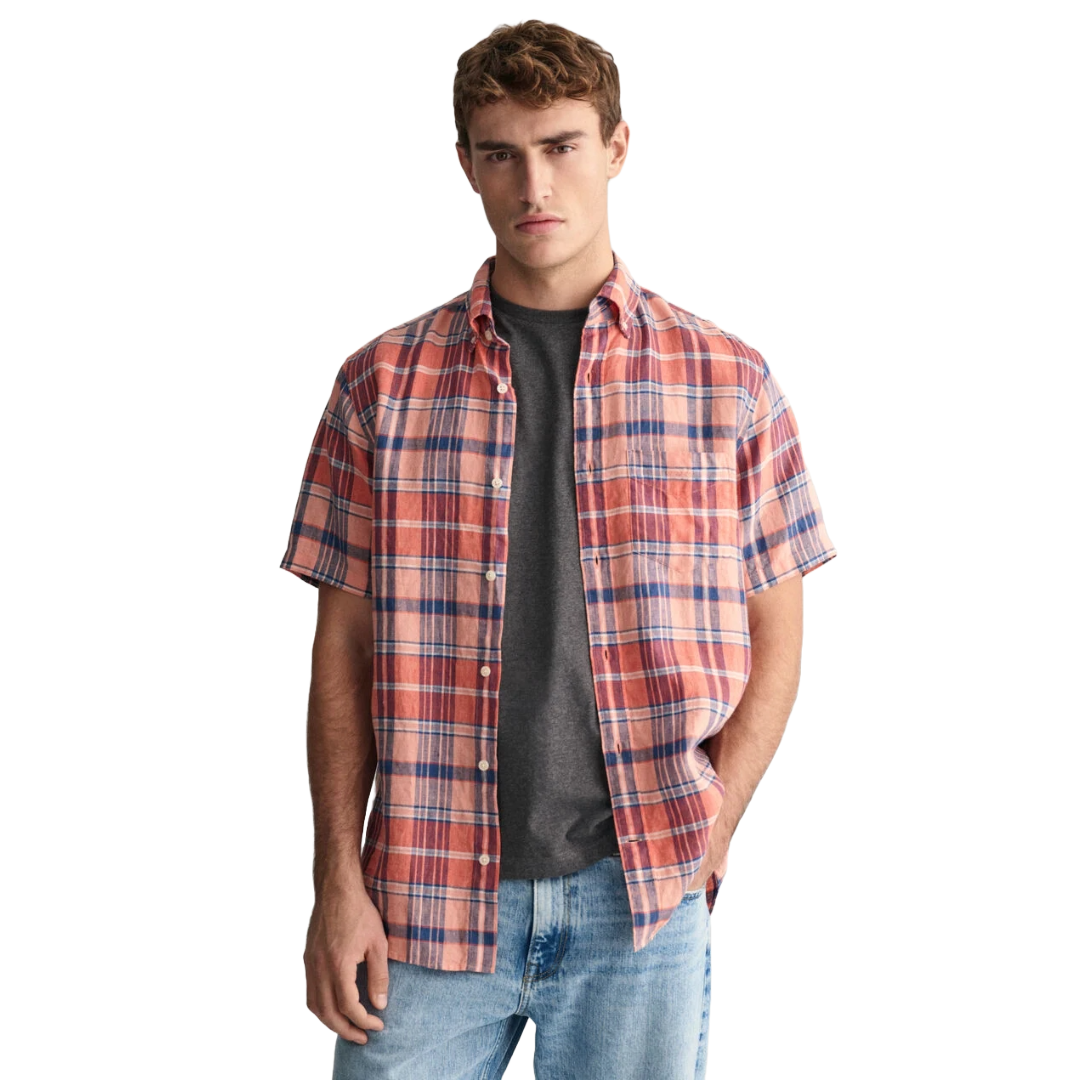Gant Linen Madras Short Sleeve Shirt - Coral