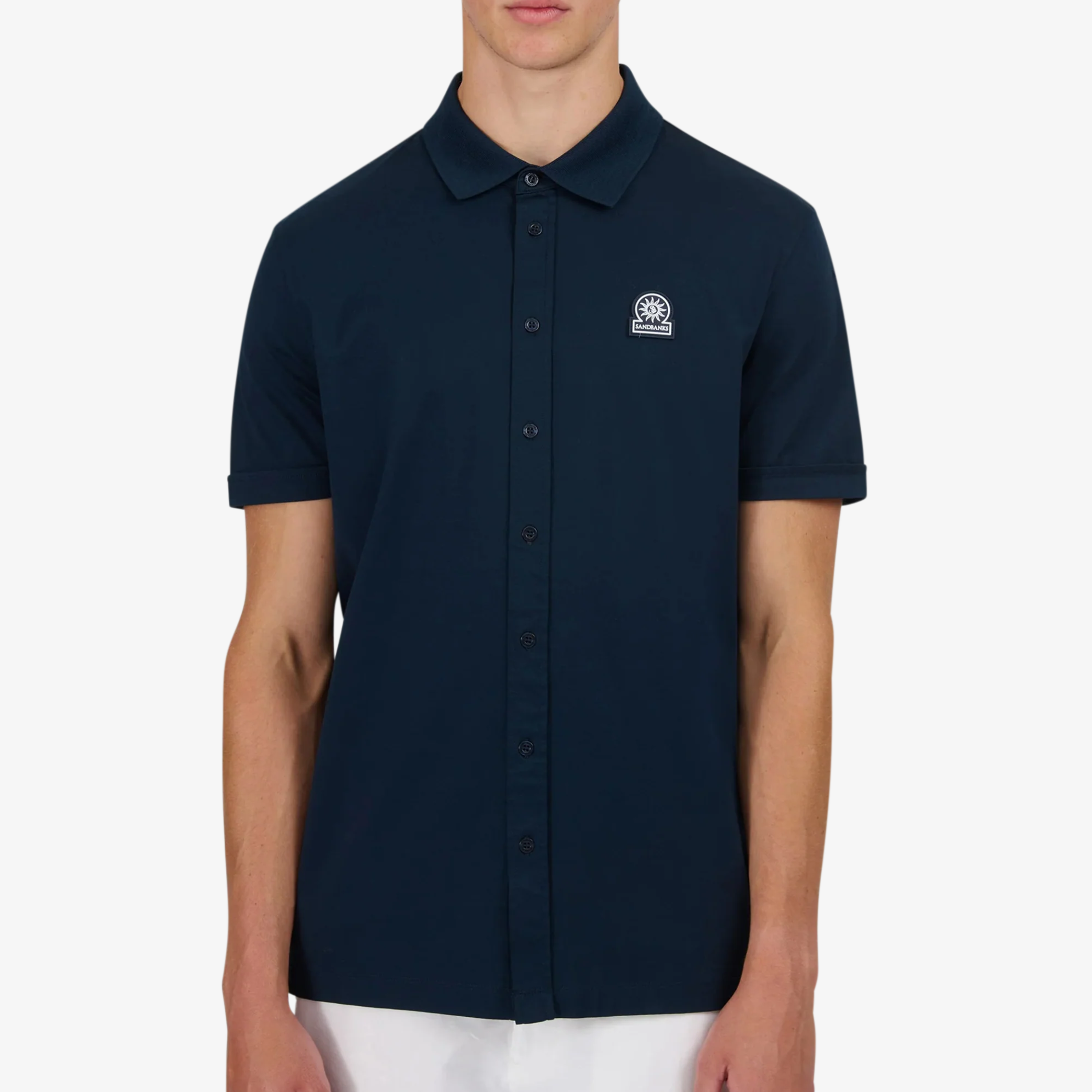 Sandbanks Full Button Interlock Polo Shirt - Navy