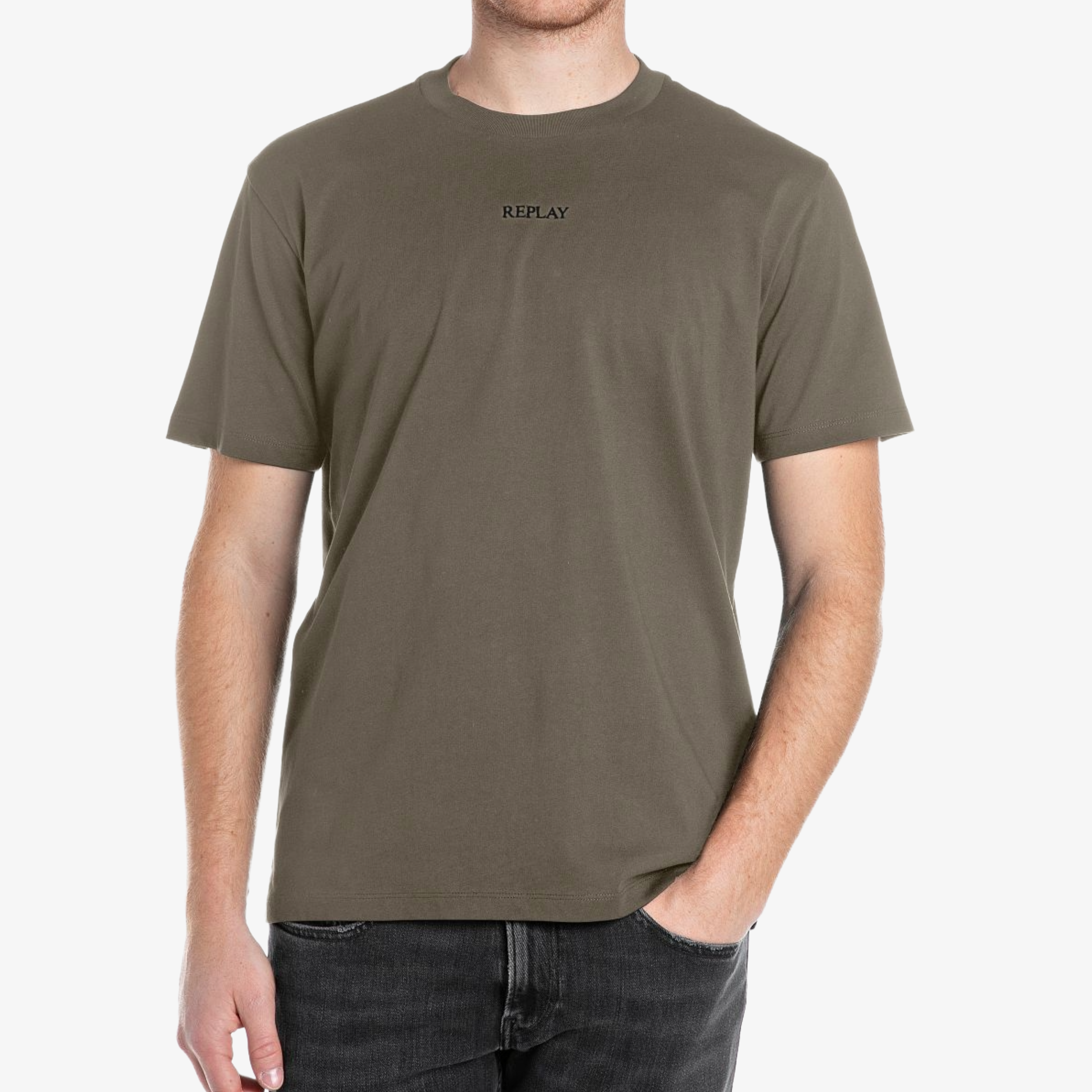 Replay Jersey T-Shirt With Lettering - Mud Green