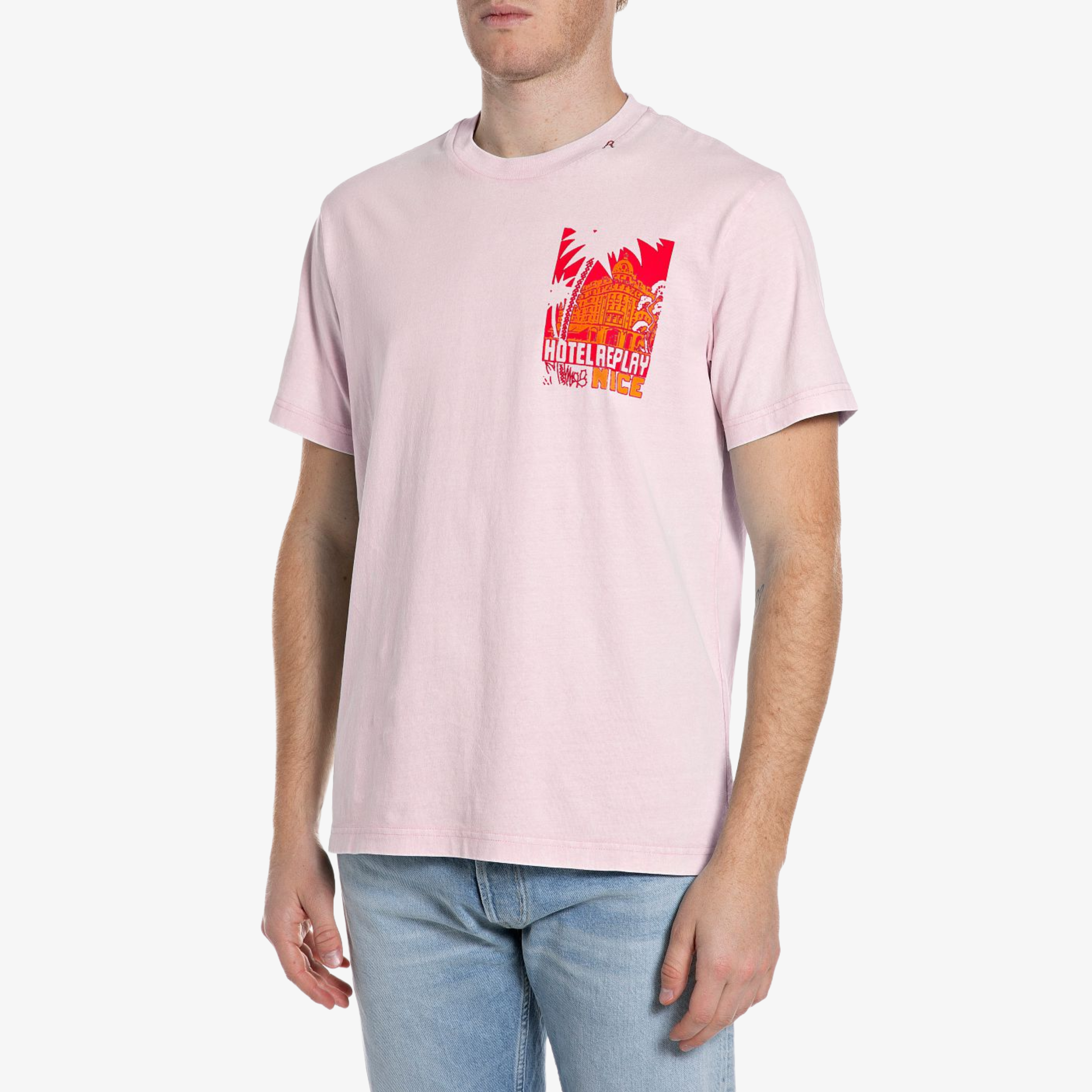 Replay Graphic Print T Shirt - Pale Pink