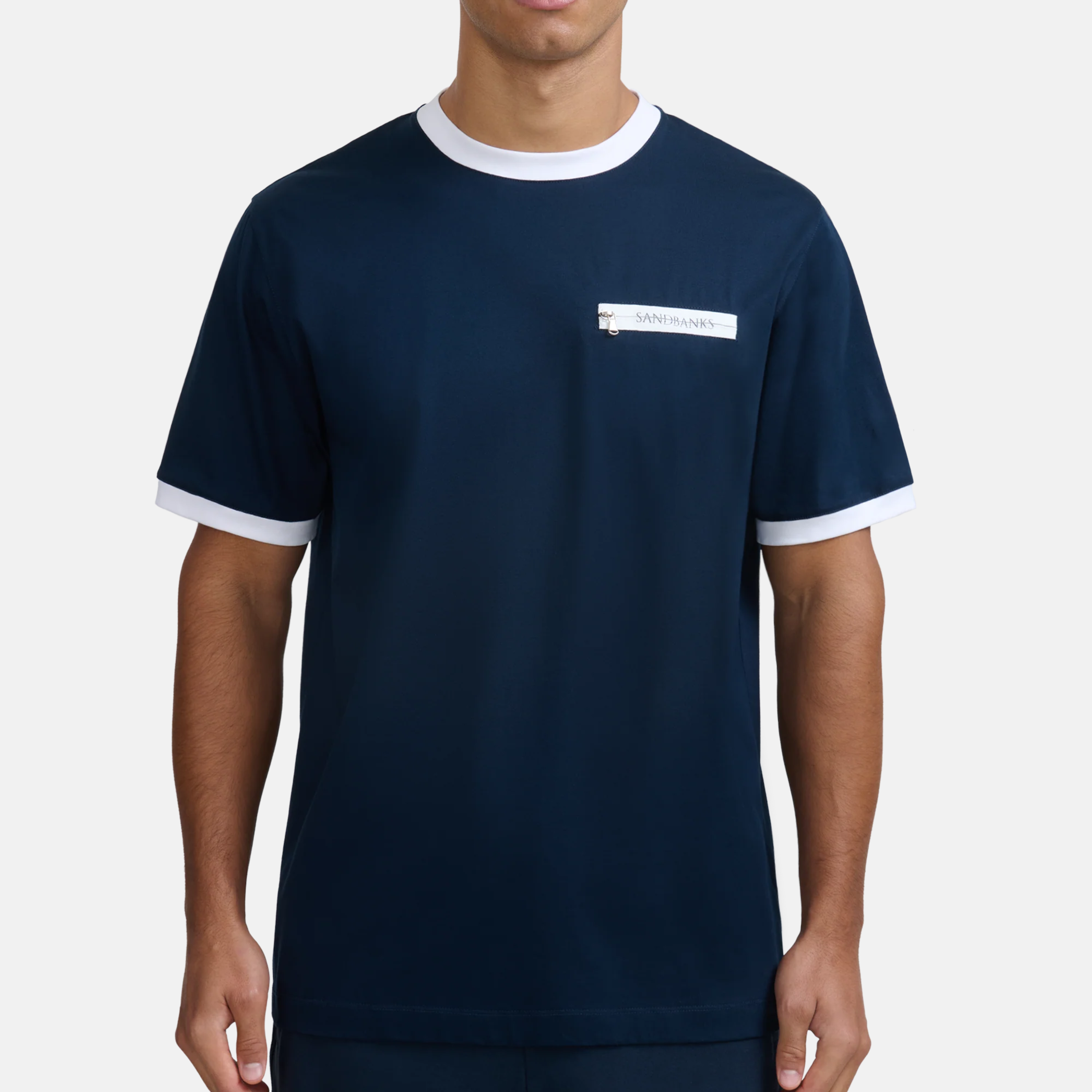 Sandbanks Ringer Zip Pocket T Shirt - Navy