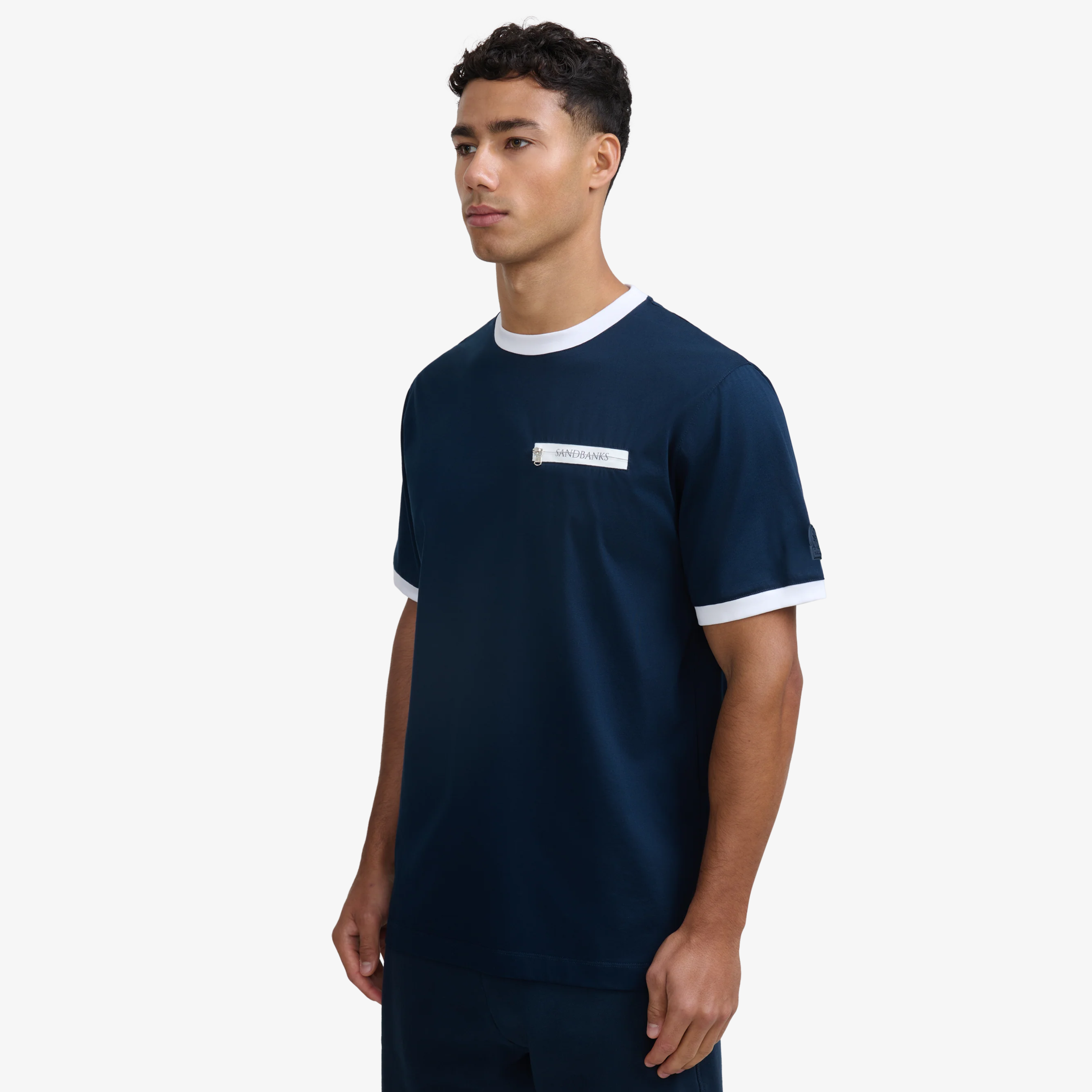 Sandbanks Ringer Zip Pocket T Shirt - Navy