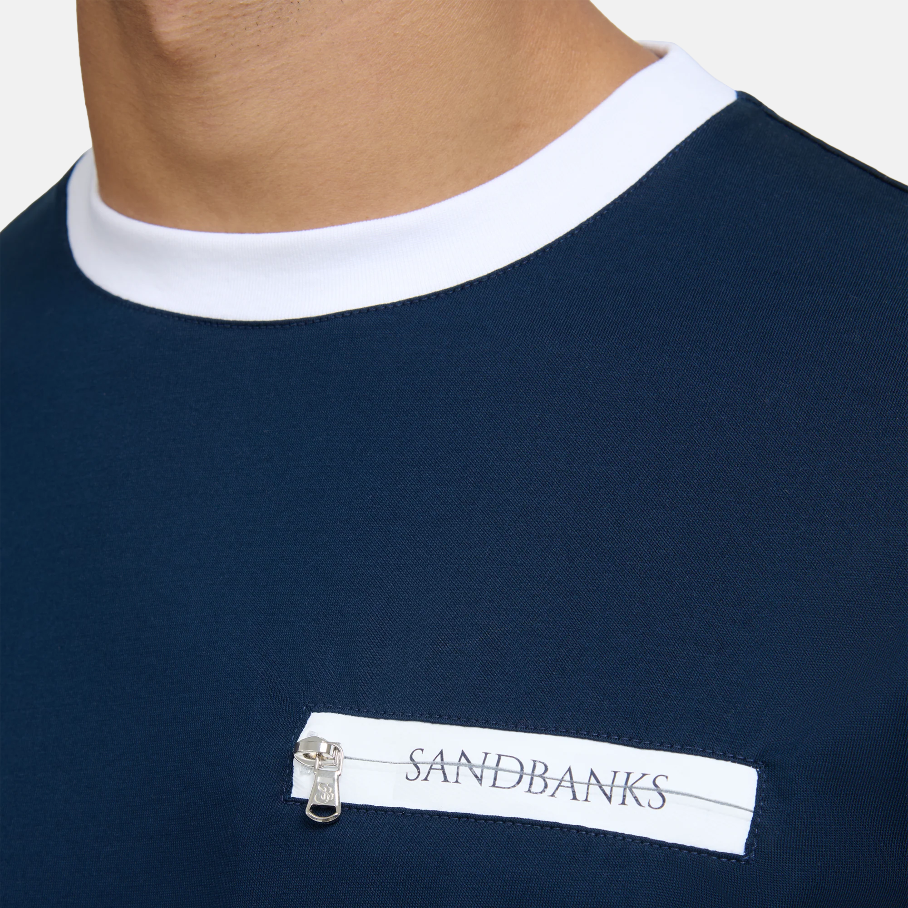 Sandbanks Ringer Zip Pocket T Shirt - Navy