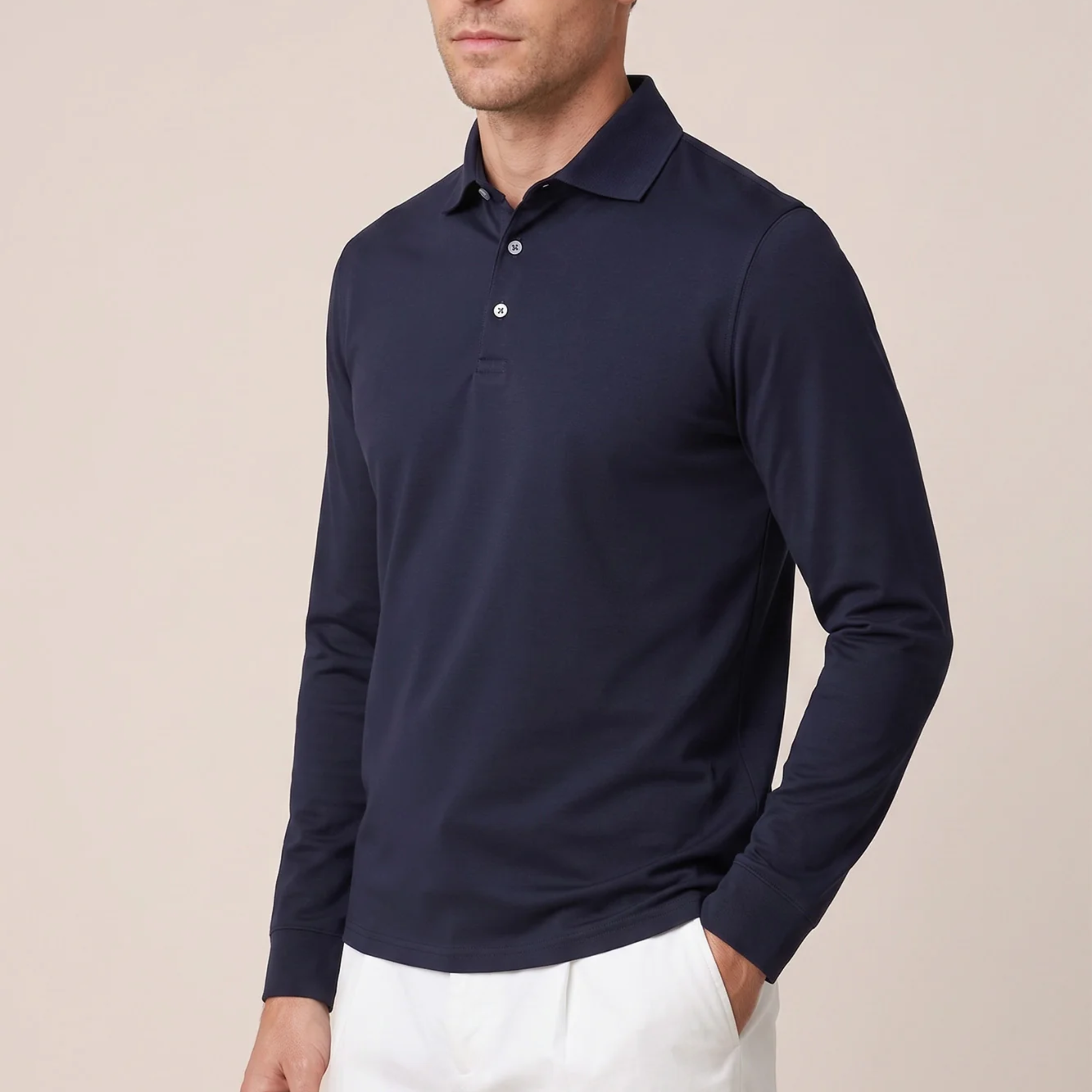 Thomas Maine Liquid Cotton Long Sleeve Polo Shirt - Navy