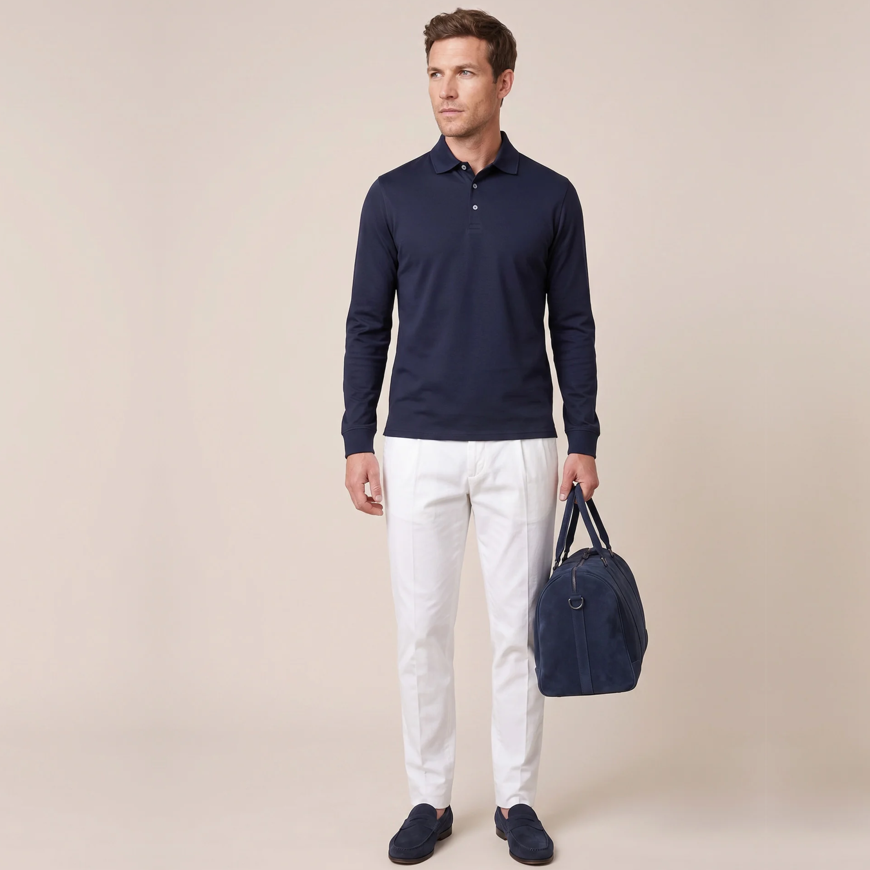 Thomas Maine Liquid Cotton Long Sleeve Polo Shirt - Navy