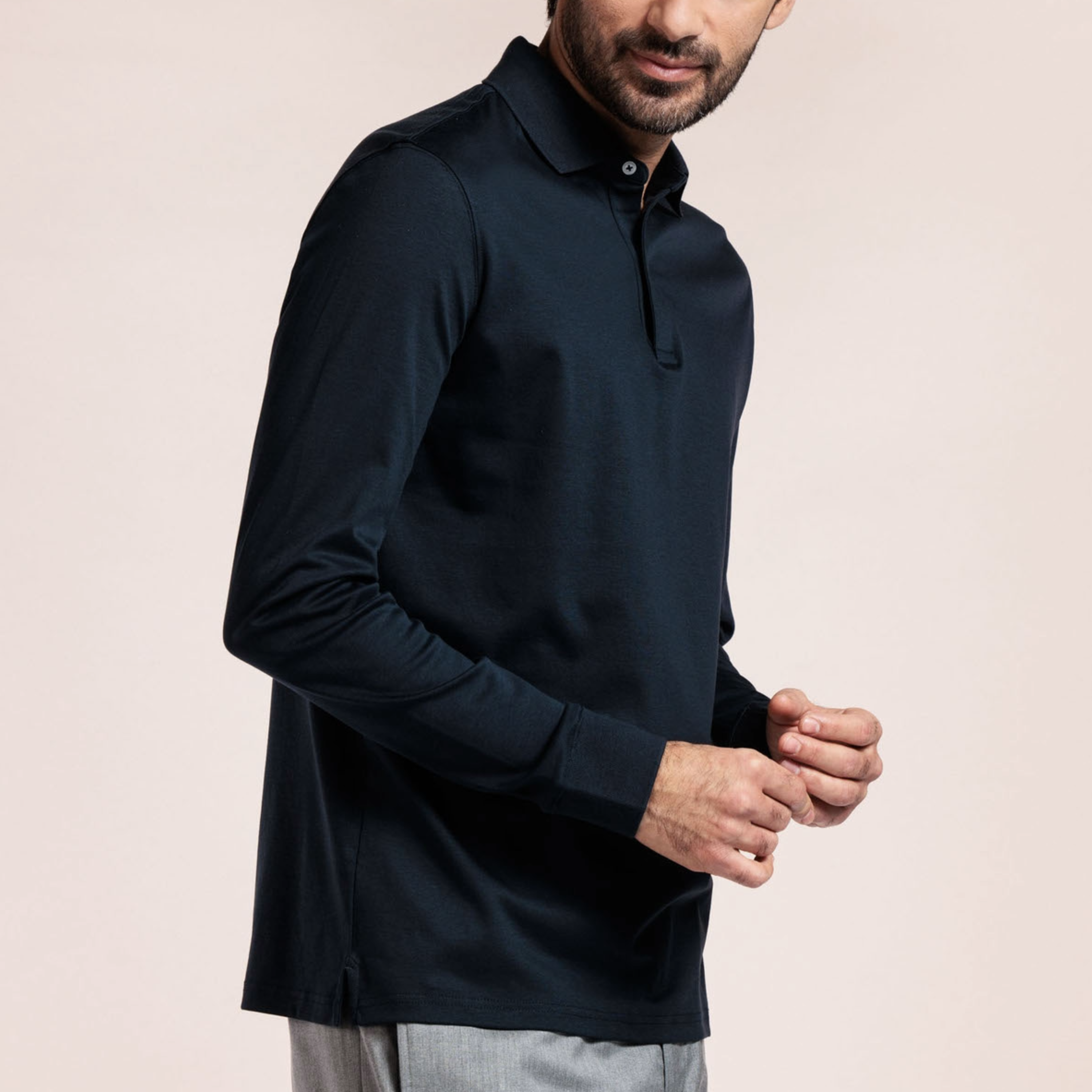 Thomas Maine Liquid Cotton Long Sleeve Polo Shirt - Navy