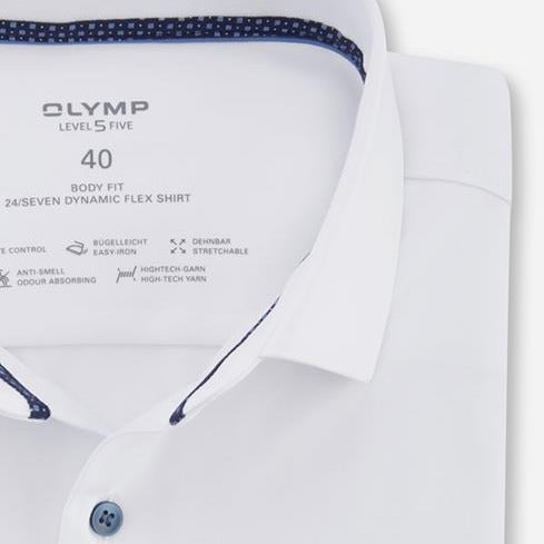 Olymp Level 5 24/7 Slim Fit Flex Jersey Shirt - White with Blue Buttons