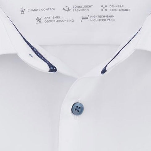 Olymp Level 5 24/7 Slim Fit Flex Jersey Shirt - White with Blue Buttons