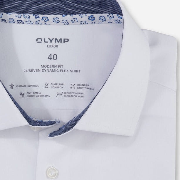 Olymp Luxor 24/7 Slim Fit Flex Shirt - White with Contrast Trim