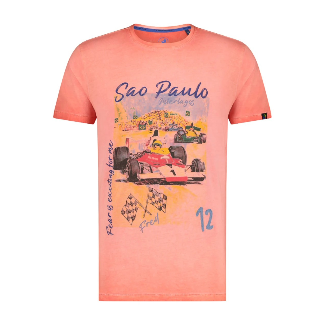 A Fish Named Fred Racing Car Print T Shirt - Coral