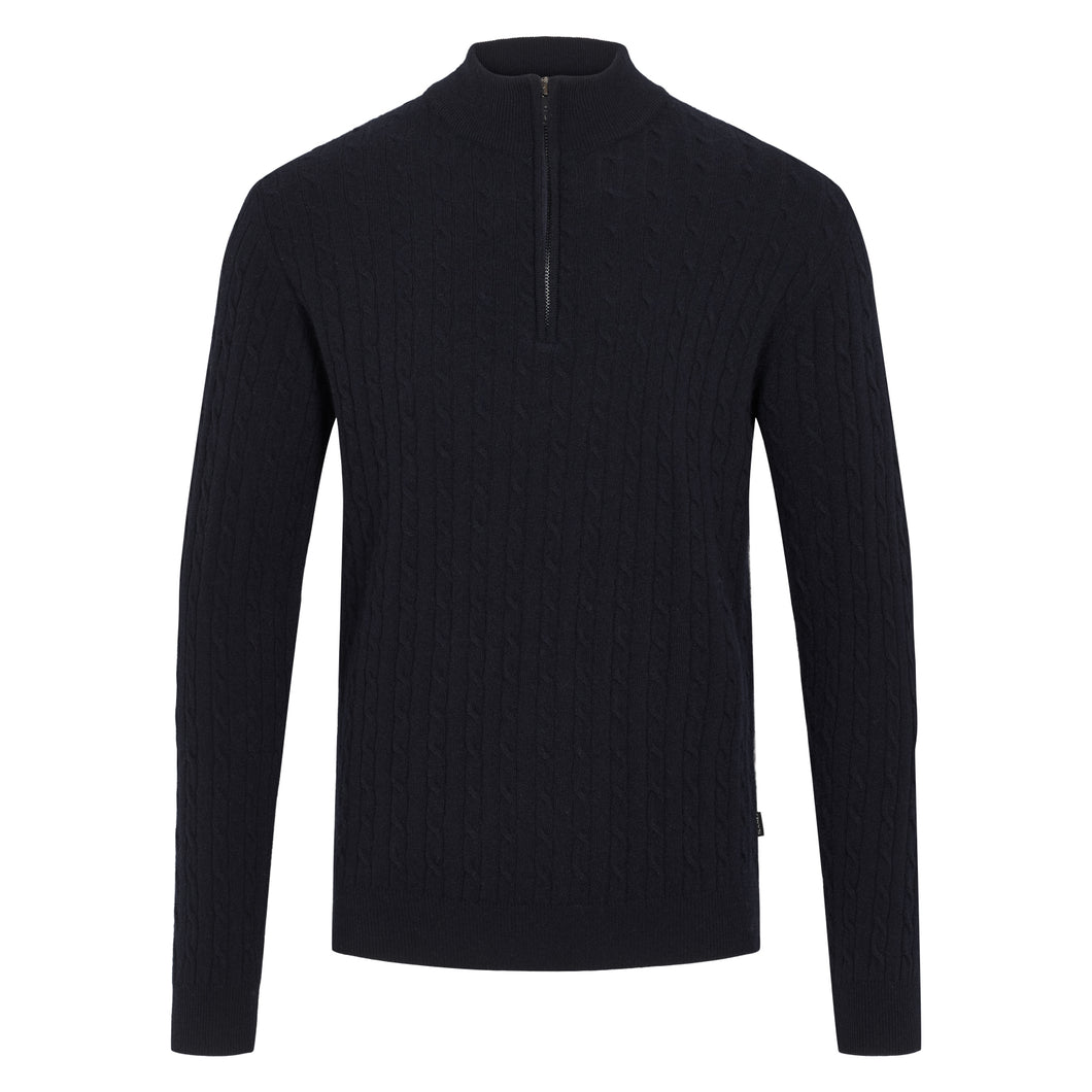 SAND Cashmere Blend Fine Cable Half Zip 5600 IBRO in Navy