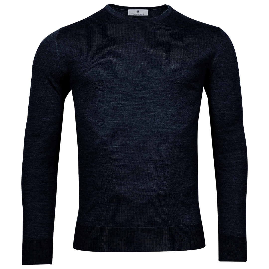 Thomas Maine Fine Merino Wool Crew Neck Pullover - Navy