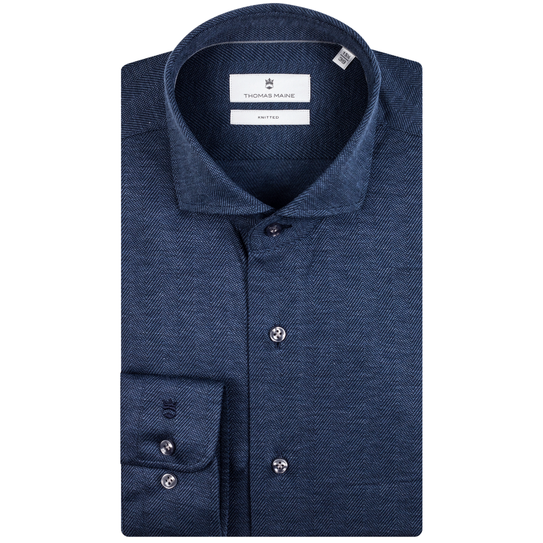 Thomas Maine Pique Herringbone Shirt - Navy