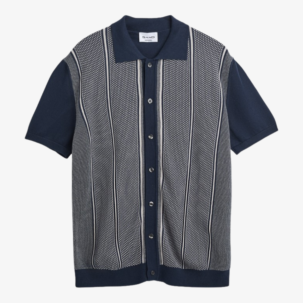 Sand Retro Jacquard Knitted Short Sleeve Shirt - Navy