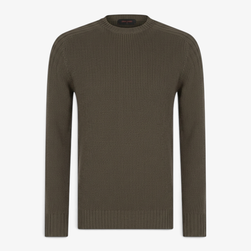Riva Menswear Gran Sasso khaki green ribbed crew neck jumper made from water-repellent Rain Wool.