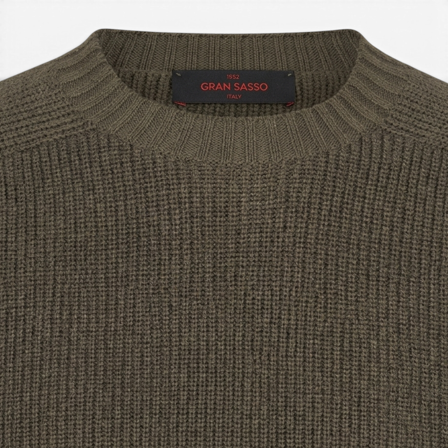 Riva Menswear Gran Sasso khaki green ribbed crew neck jumper in water-repellent Rain Wool knit