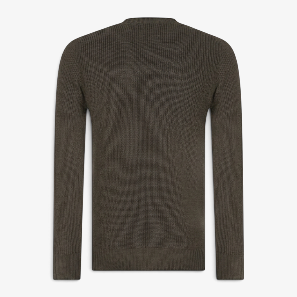 Riva Menswear Gran Sasso khaki green ribbed crew neck jumper in water-repellent Rain Wool, back view.