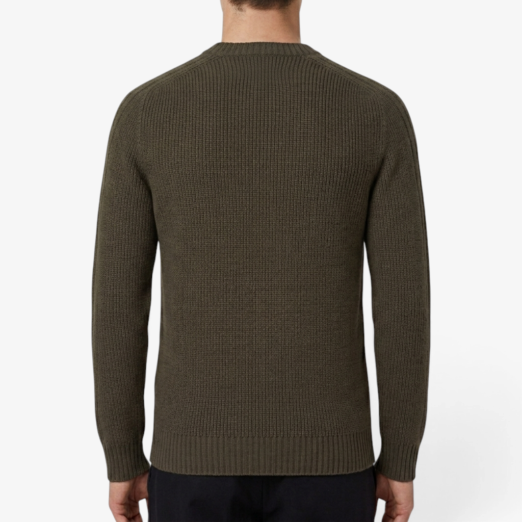 Back view of a Riva Menswear Gran Sasso khaki green ribbed crew neck jumper made from water-repellent Rain Wool.