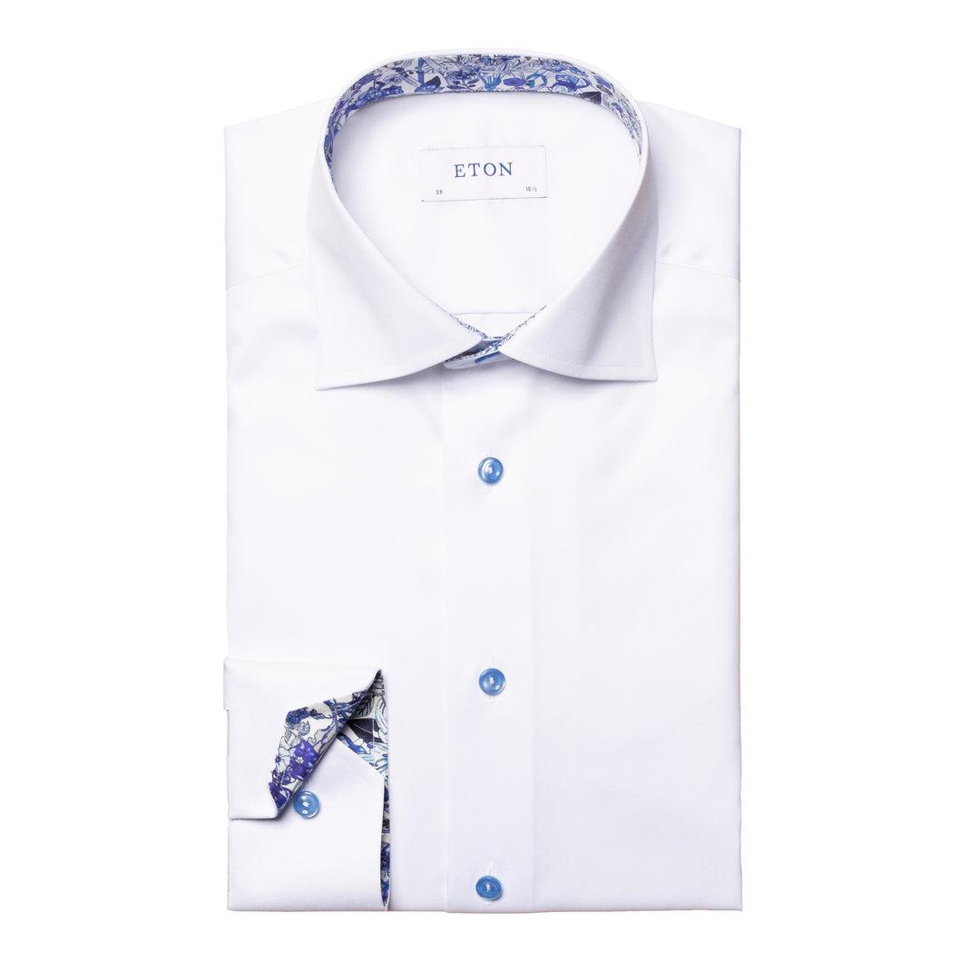 ETON Signature Twill Contemporary Fit Shirt White with Blue Floral Trim 10000447800