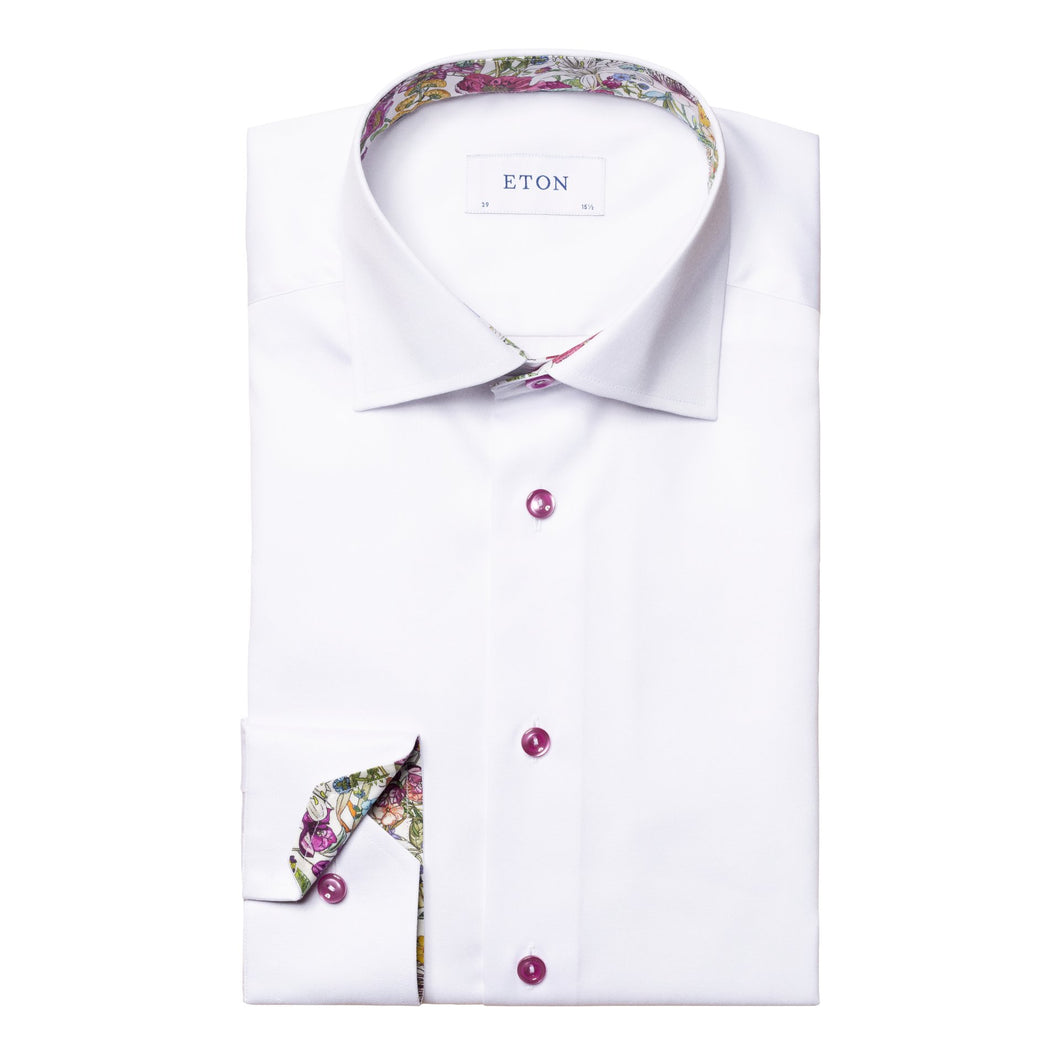 Eton Signature Twill Contemporary Fit Shirt White with Pink Floral Trim 10000448100