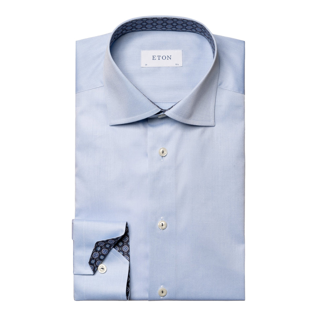 ETON Signature Twill Contemporary Fit Medallion Trimmed Shirt Light Blue