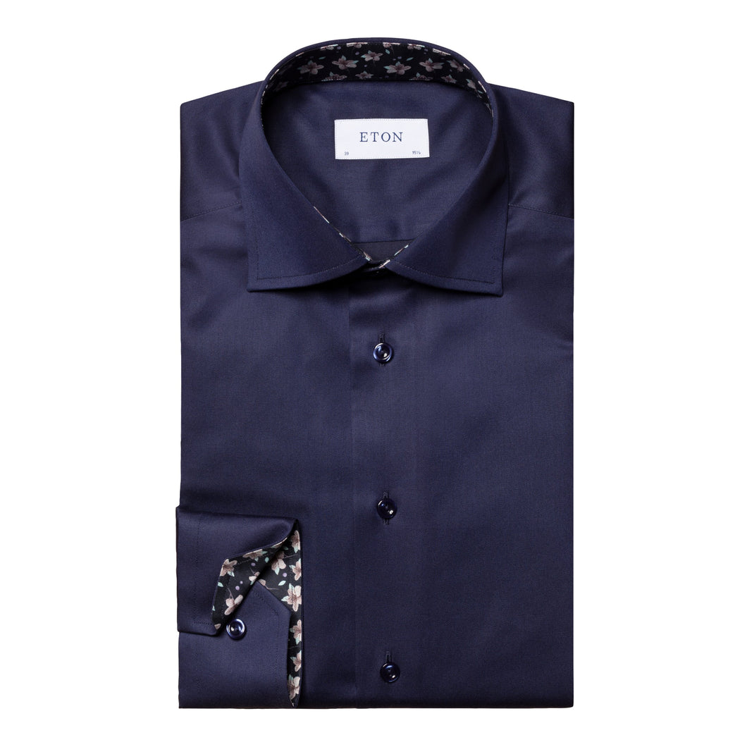 Eton Signature Twill Contemporary Fit Shirt Navy with Floral Print Trim 10000448529