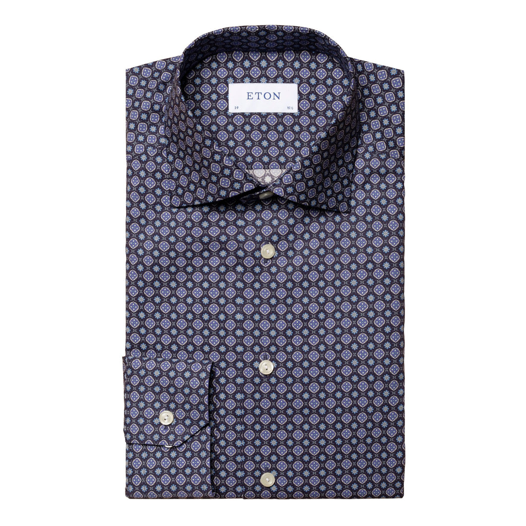 ETON Signature Twill Contemporary Fit Medallion Print Shirt Mid Blue
