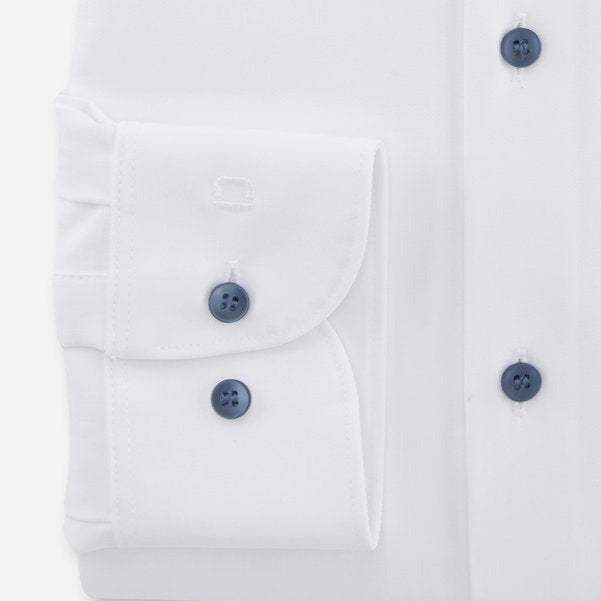 Olymp Level 5 24/7 Slim Fit Flex Jersey Shirt - White with Blue Buttons