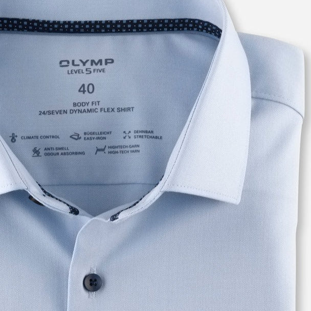 Olymp Level 5 24/7 Slim Fit Flex Jersey Shirt - Light Blue with Navy Buttons