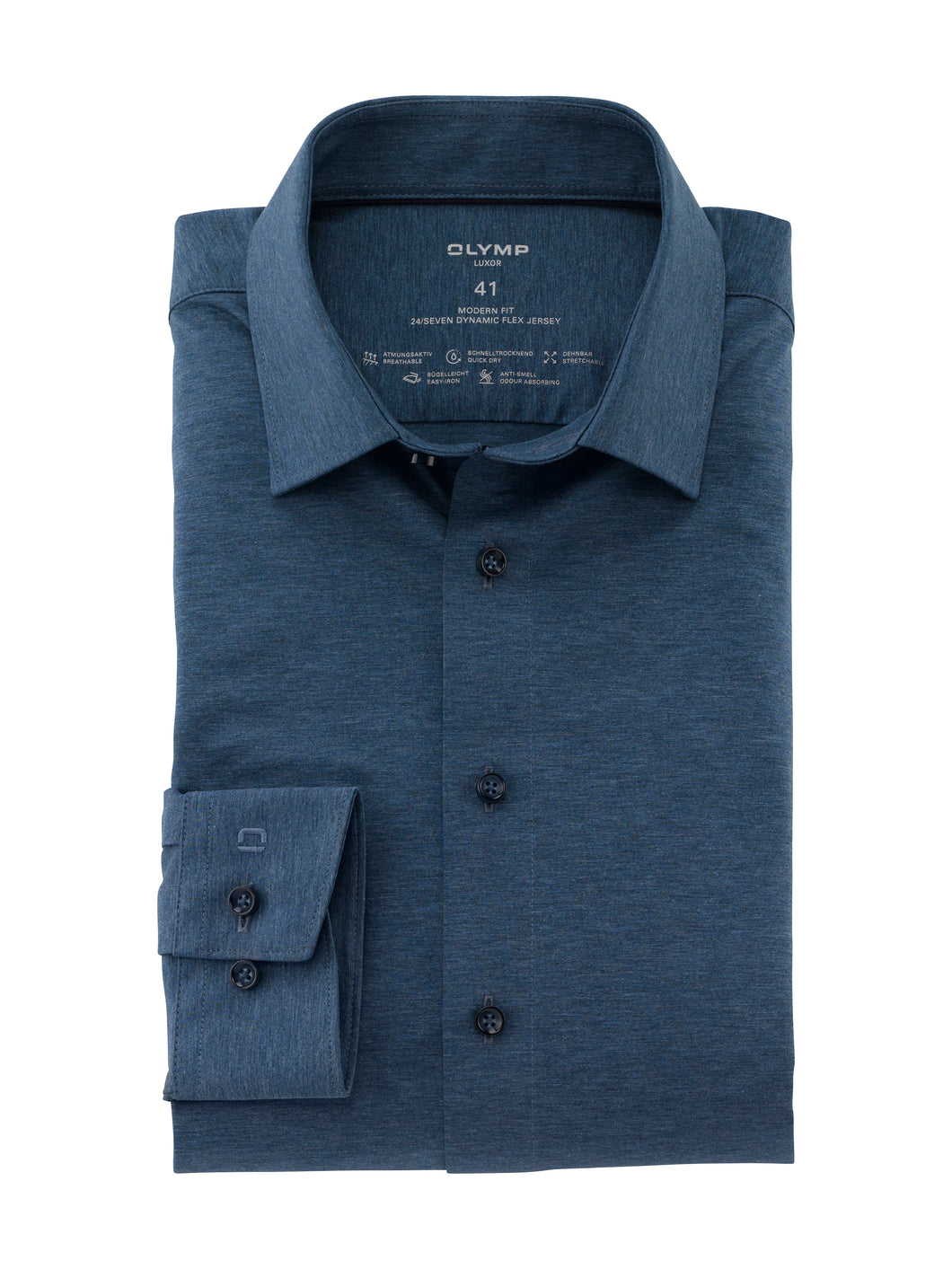 OLYMP Luxor 24-Seven Modern Fit Dynamic Flex Jersey Shirt Blue Melange